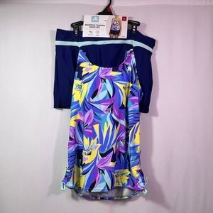 ZeroXposur Womens XL Tankini Swim Set Blue Tropical Floral Skirt Beachwear
